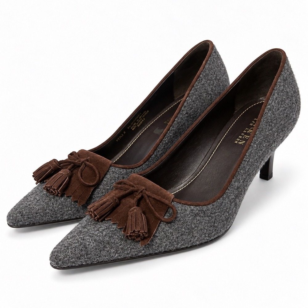 Lauren Ralph Lauren Stilla Grey Wool Tassel Pumps Brown Suede Trim 8.5B